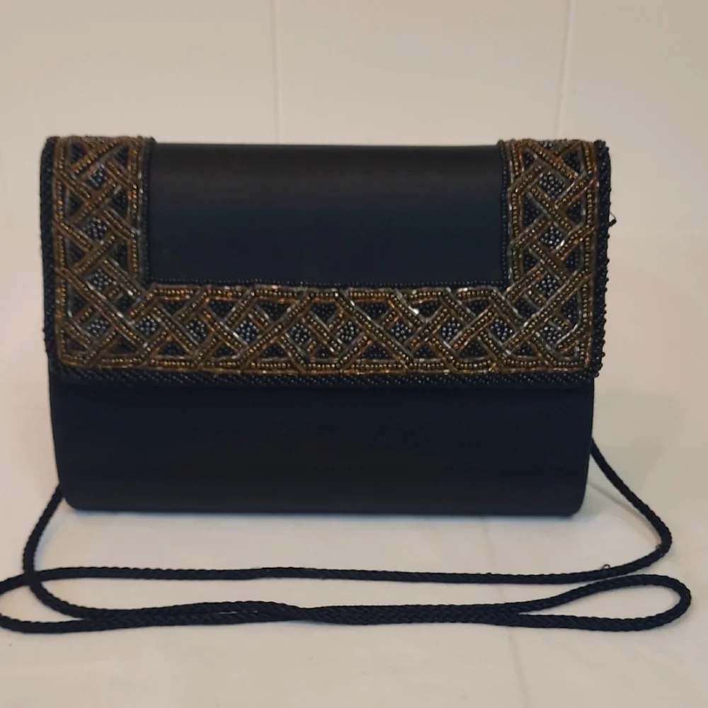 Carolyne Barton Beaded Vintage Shoulder Bag Black Satin Snap Closure Black Cord